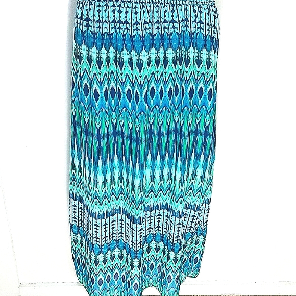 Sundress maxi blue green ruffle lined top slits adj straps elastic waist 1X - Picture 4 of 11